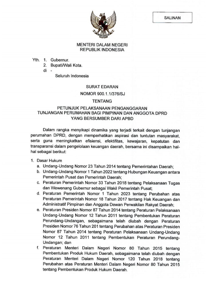 Surat Edaran Kemendagri tentang Petunjuk Pelaksanaan Tunjangan Perumahan Bagi Pimpinan dan Anggota DPRD yang bersumber dari APBD.